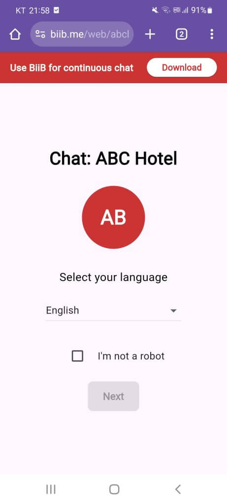 BiiB Web App Language Selection Page
